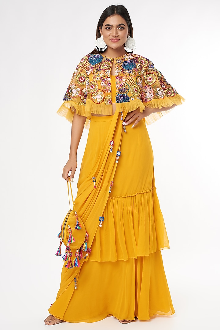 Yellow Embroidered Jacket Saree Set by DiyaRajvvir