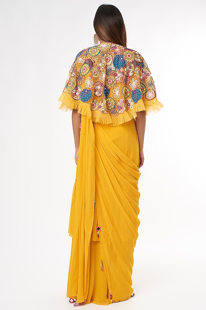 Yellow Embroidered Jacket Wedding Saree Set by DiyaRajvvir at Pernia's Pop Up Shop
