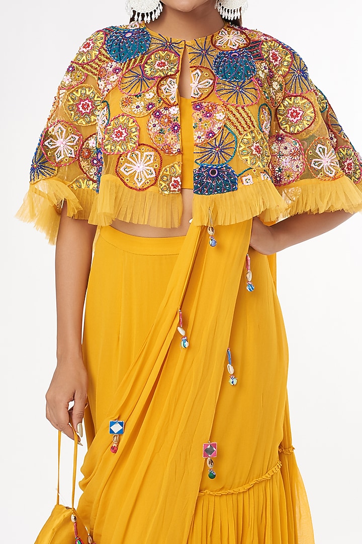 Yellow Embroidered Jacket Wedding Saree Set by DiyaRajvvir at Pernia's Pop Up Shop