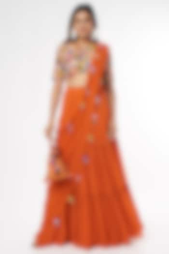 Rust Georgette Tiered Skirt Saree Set by DiyaRajvvir