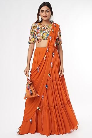 Rust Georgette Tiered Skirt Saree Set by DiyaRajvvir