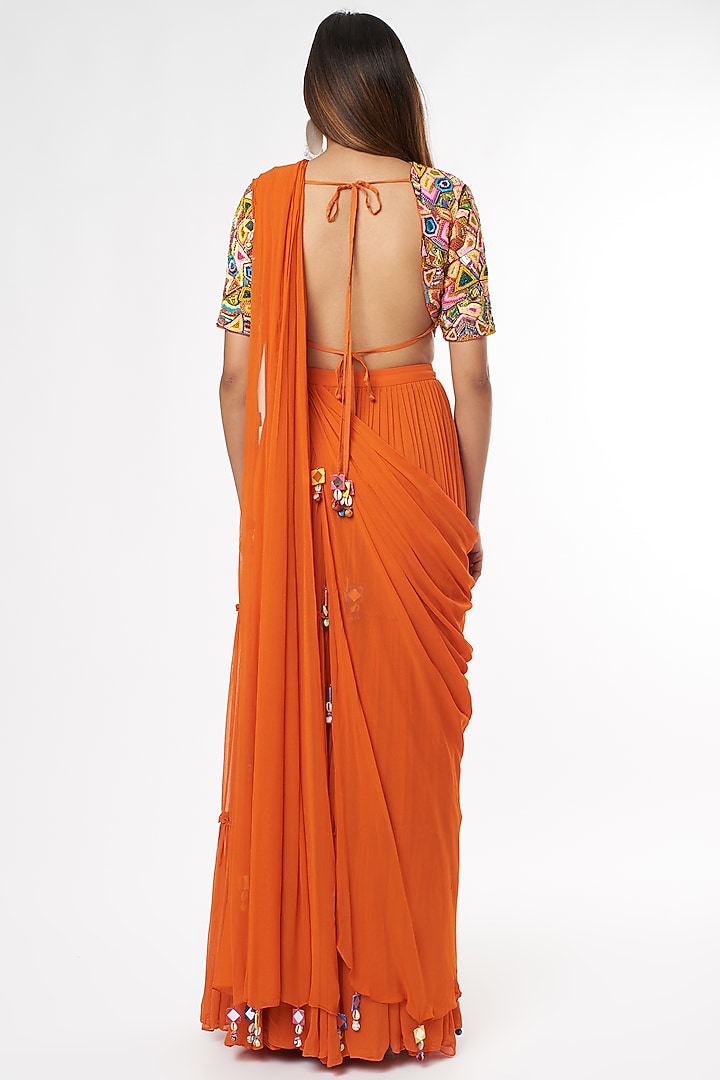 Rust Georgette Tiered Skirt Wedding Saree Set by DiyaRajvvir at Pernia's Pop Up Shop