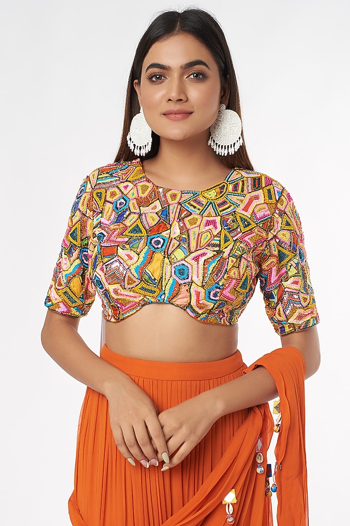Rust Georgette Tiered Skirt Wedding Saree Set by DiyaRajvvir at Pernia's Pop Up Shop