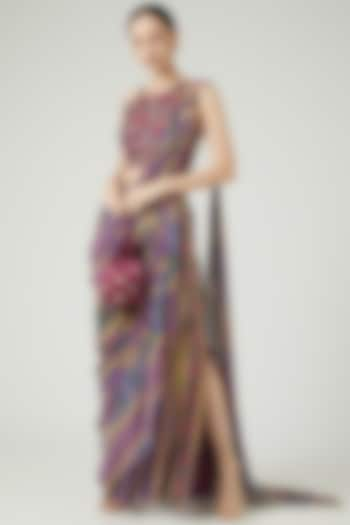 Purple Cotton Silk & Georgette Stripe Printed Box Pleated Saree Set by DiyaRajvvir at Pernia's Pop Up Shop