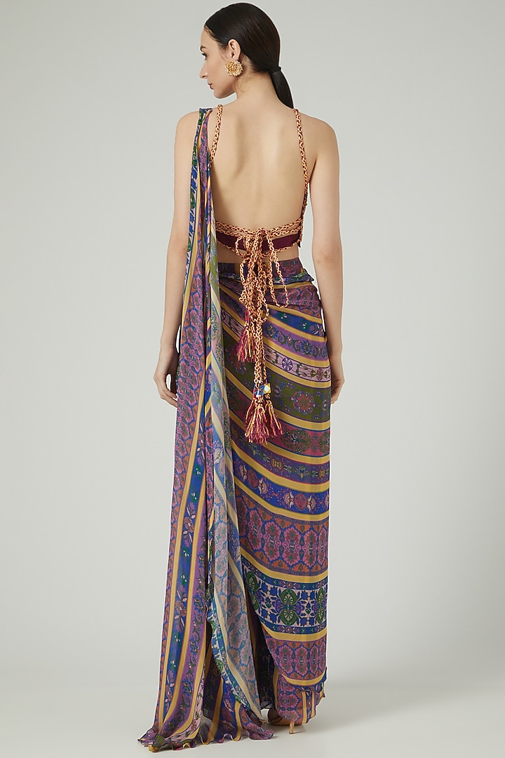 Purple Cotton Silk & Georgette Striped Printed Pant Wedding Saree Set by DiyaRajvvir at Pernia's Pop Up Shop