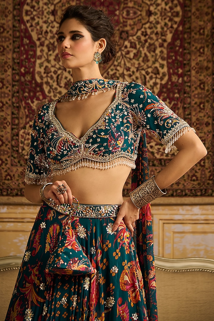 Teal Crepe & Georgette Jaal Printed Wedding Lehenga Set by DiyaRajvvir at Pernia's Pop Up Shop
