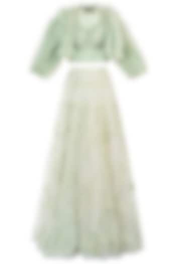 Mint green fru jacket with embellished lehenga skirt and blouse available only at Pernia's Pop Up Shop.
