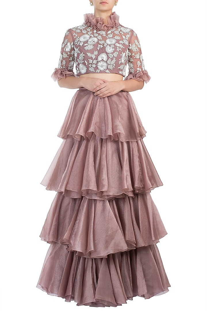 Onion pink embelished blouse with lehenga skirt available only at Pernia's Pop Up Shop.