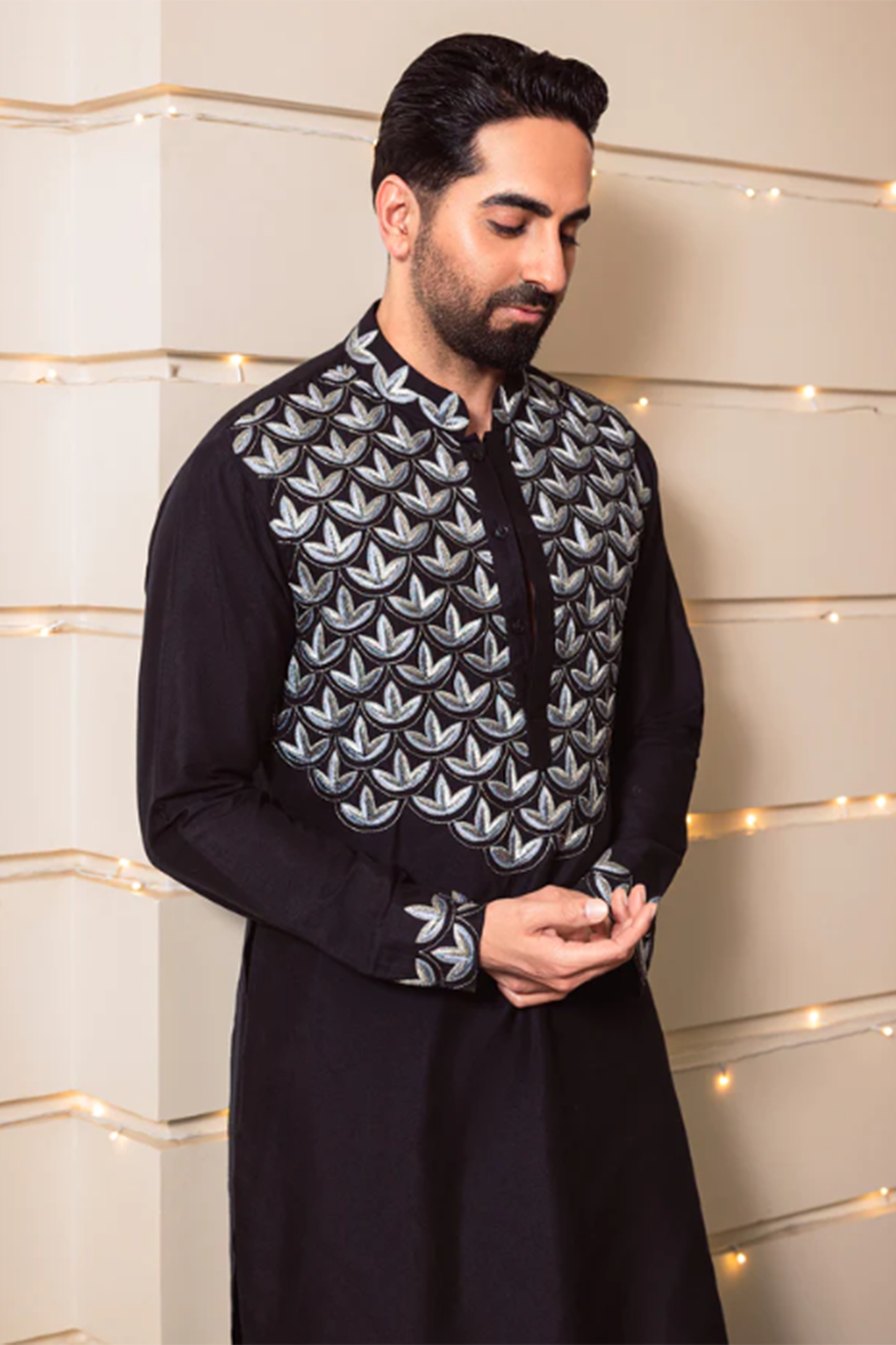 Men's Black And White Cotton Blend Pathani Suit With White Pant Set -  Absolutely Desi
