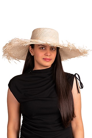 Beige Natural Grass Fringe Hat by House of Dawn