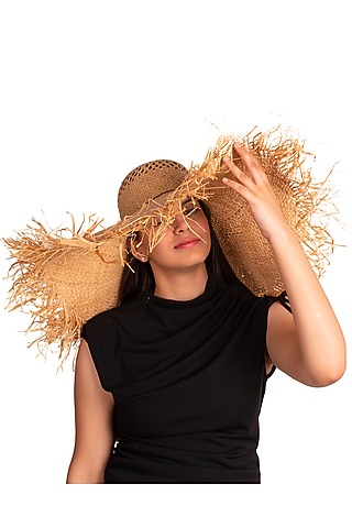 Beige Natural Grass Peekaboo Fringe Hat by House of Dawn