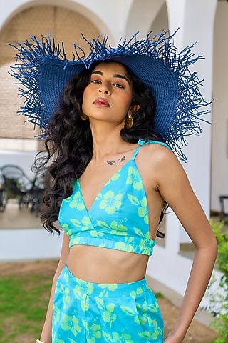 Navy Natural Grass Fringe Hat by House of Dawn