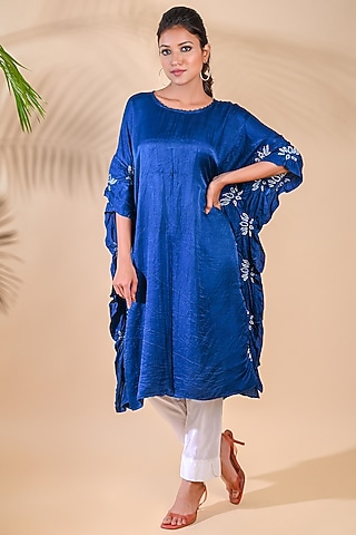 Cobalt Blue Bandhani kaftan by Dyelogue
