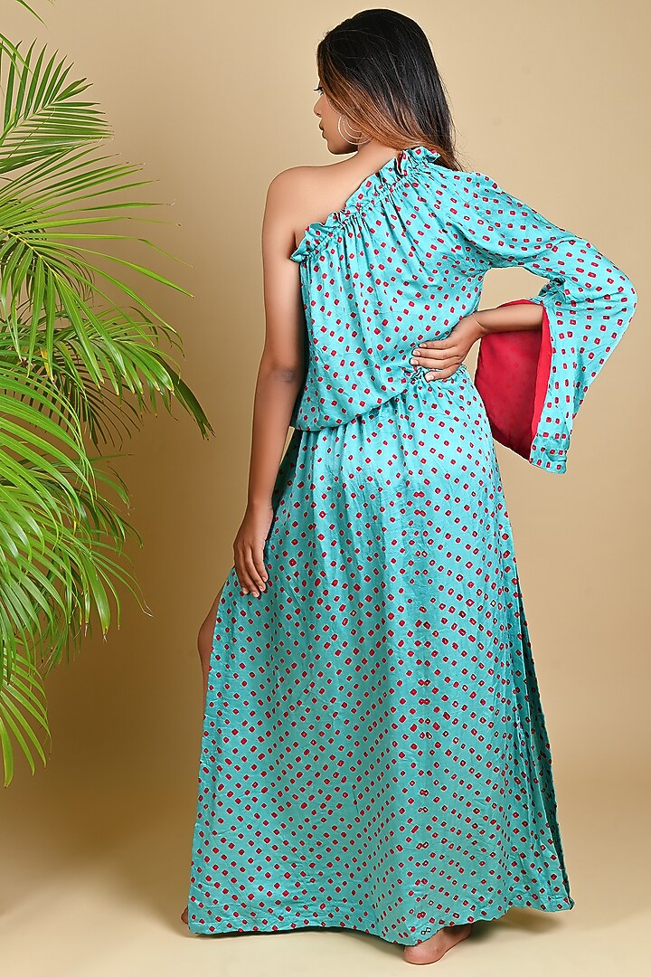 Sky Blue Bandhani Maxi Vacation Dress by Dyelogue at Pernia's Pop Up Shop
