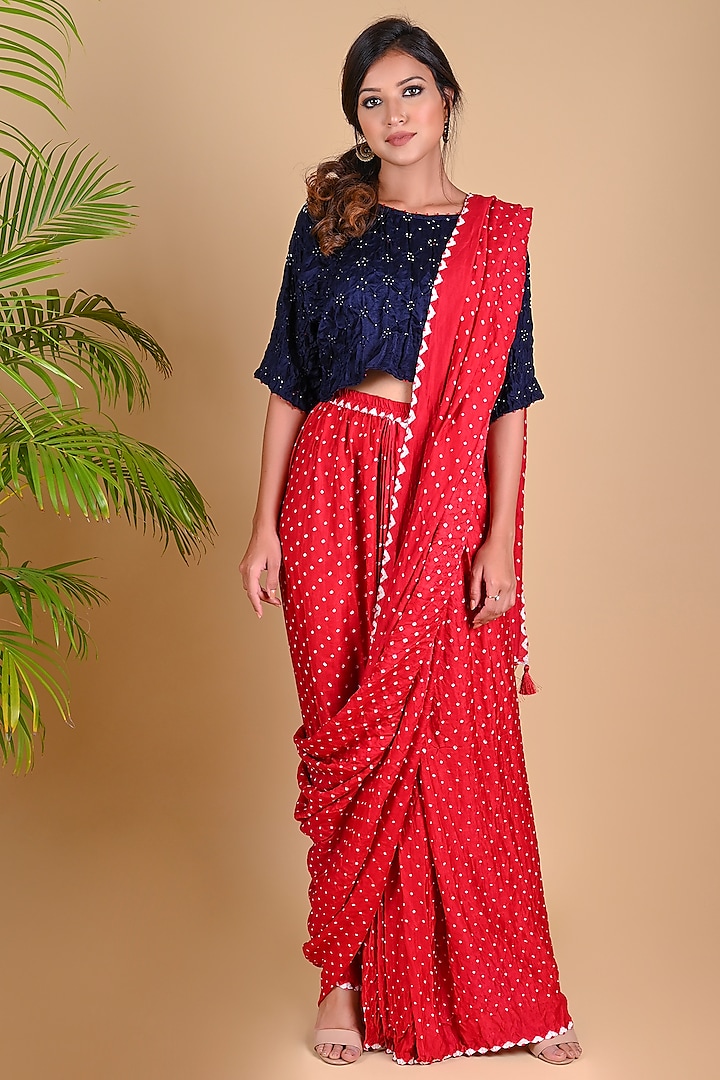 Red Gajji Silk Bandhani Pre-Stitched Pant Saree Set by Dyelogue