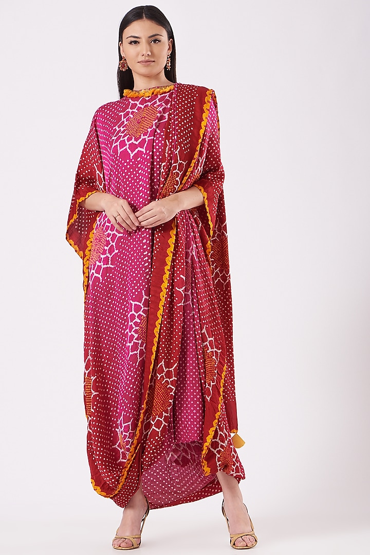 Pink Gajji Silk Bandhani Draped Dress by Dyelogue