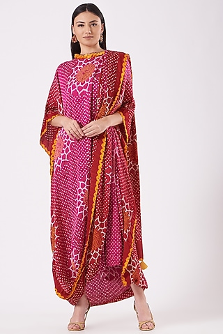 Pink Gajji Silk Bandhani Draped Dress by Dyelogue