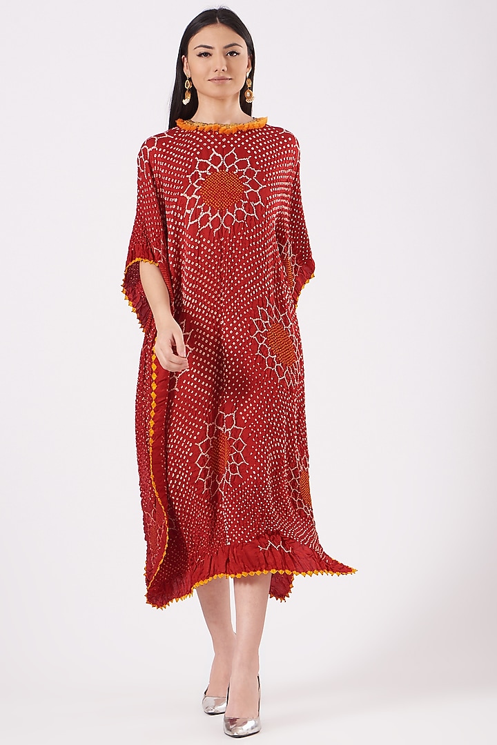 Red Gajji Silk Bandhani Kaftan by Dyelogue