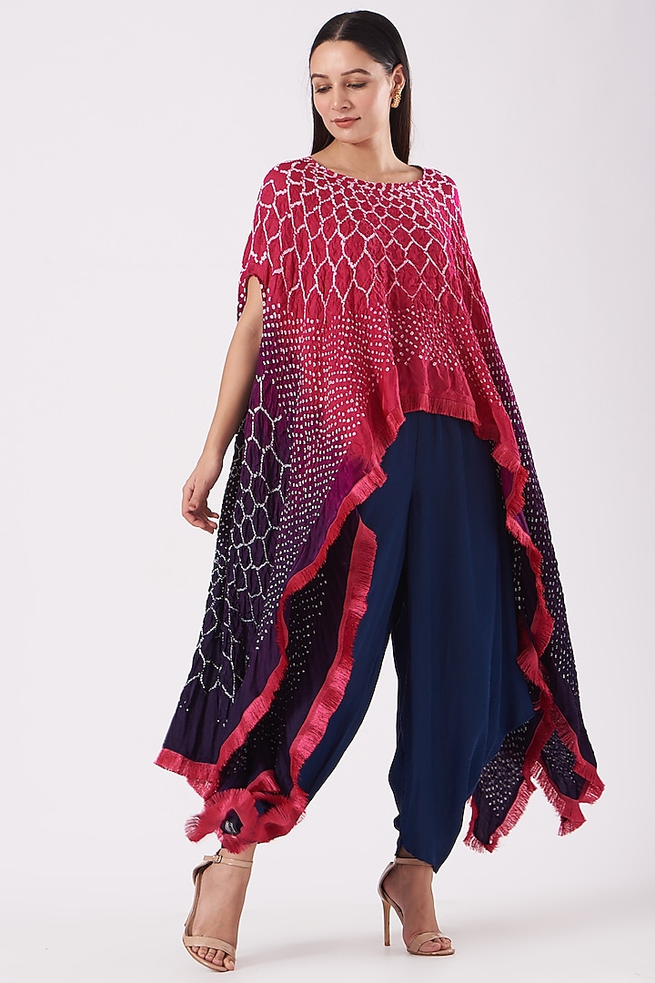 Fuchsia Gajji Silk Bandhani Cape by Dyelogue