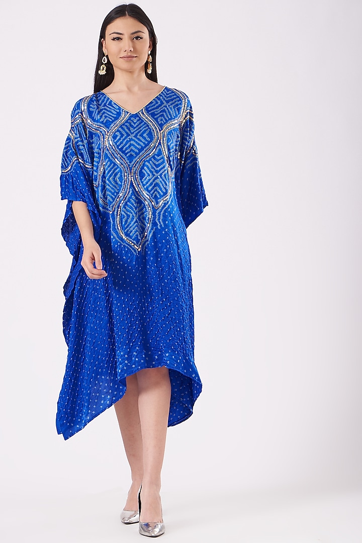 Blue Embellished Bandhani Kaftan by Dyelogue