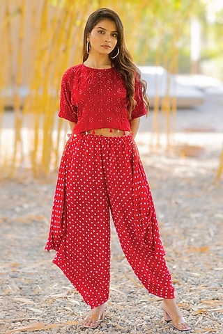 Red Gajji Silk Bandhani Wrap Dhoti by Dyelogue