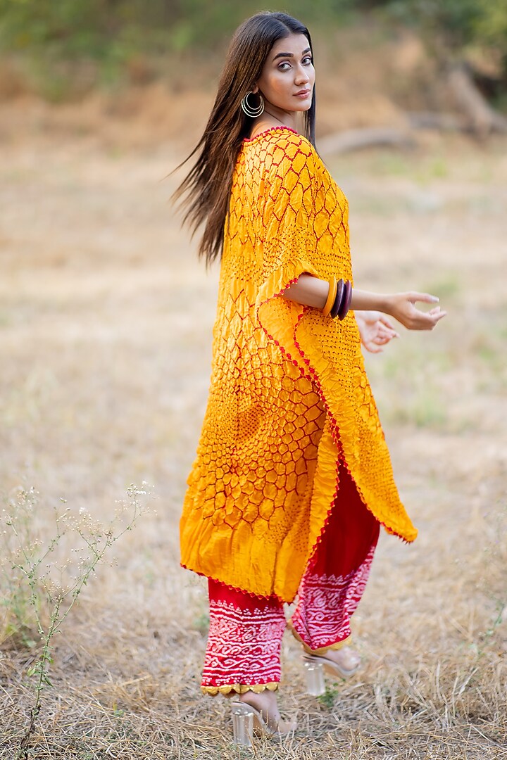 Red Gajji Silk Bandhani Palazzo Pants by Dyelogue at Pernia's Pop Up Shop