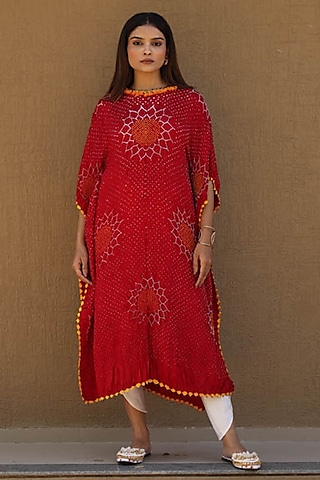 Red Gajji Silk Bandhani Kaftan by Dyelogue