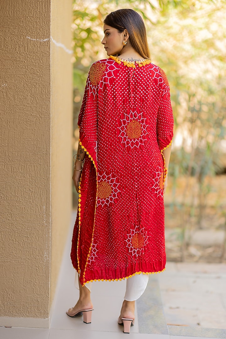 Red Gajji Silk Bandhani Kaftan by Dyelogue at Pernia's Pop Up Shop