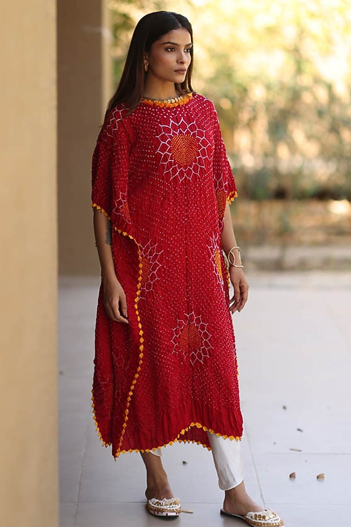 Red Gajji Silk Bandhani Kaftan by Dyelogue at Pernia's Pop Up Shop