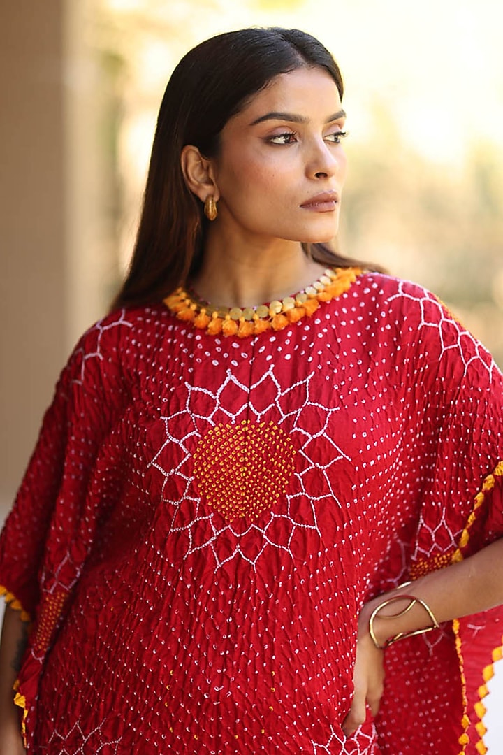 Red Gajji Silk Bandhani Kaftan by Dyelogue at Pernia's Pop Up Shop