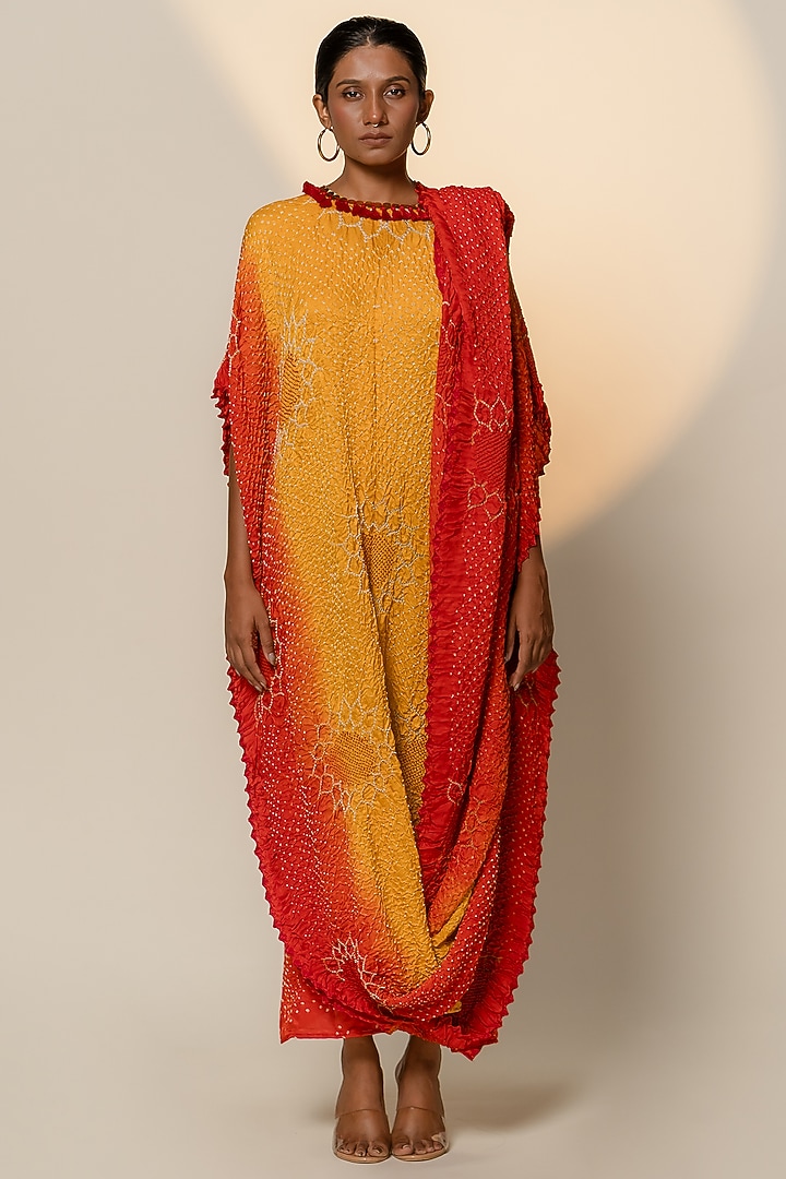 Yellow-Orange Shaded Gajji Silk Draped Maxi Cocktail Dress by Dyelogue at Pernia's Pop Up Shop