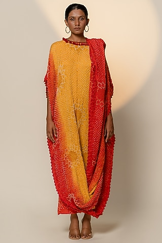Yellow-Orange Shaded Gajji Silk Draped Maxi Dress by Dyelogue
