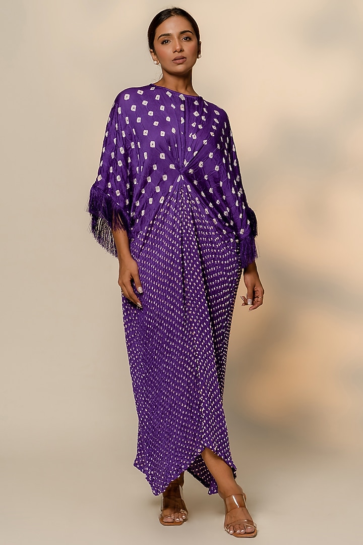 Purple Modal Silk Bandhani Knot Kaftan by Dyelogue at Pernia's Pop Up Shop