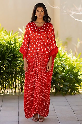 Red Modal Silk Bandhani Kaftan by Dyelogue