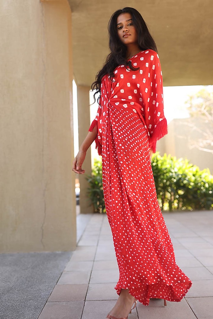 Red Modal Silk Bandhani Kaftan by Dyelogue at Pernia's Pop Up Shop