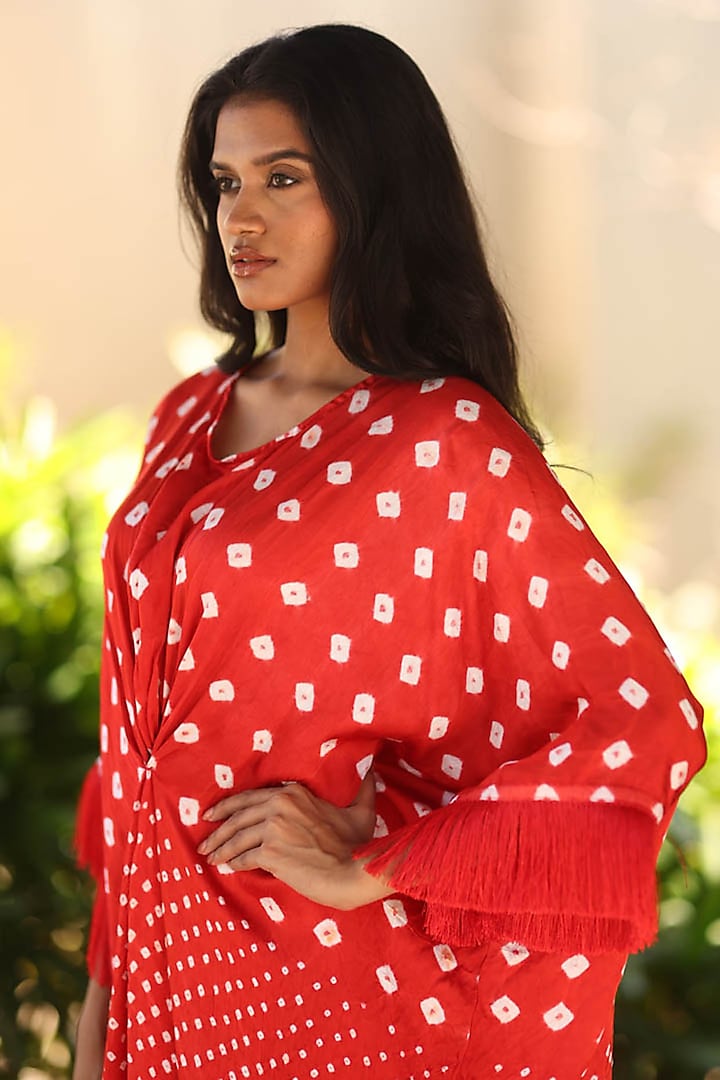 Red Modal Silk Bandhani Kaftan by Dyelogue at Pernia's Pop Up Shop