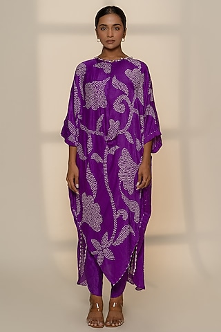 Purple Gajji Silk Asymmetric Kurta Set by Dyelogue