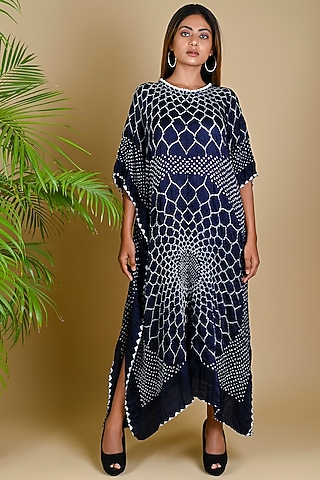 Indigo Blue Gajji Silk Bandhani Kaftan by Dyelogue