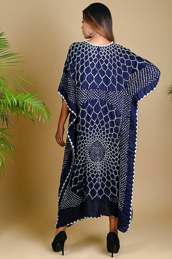 Indigo Blue Gajji Silk Bandhani Kaftan by Dyelogue at Pernia's Pop Up Shop