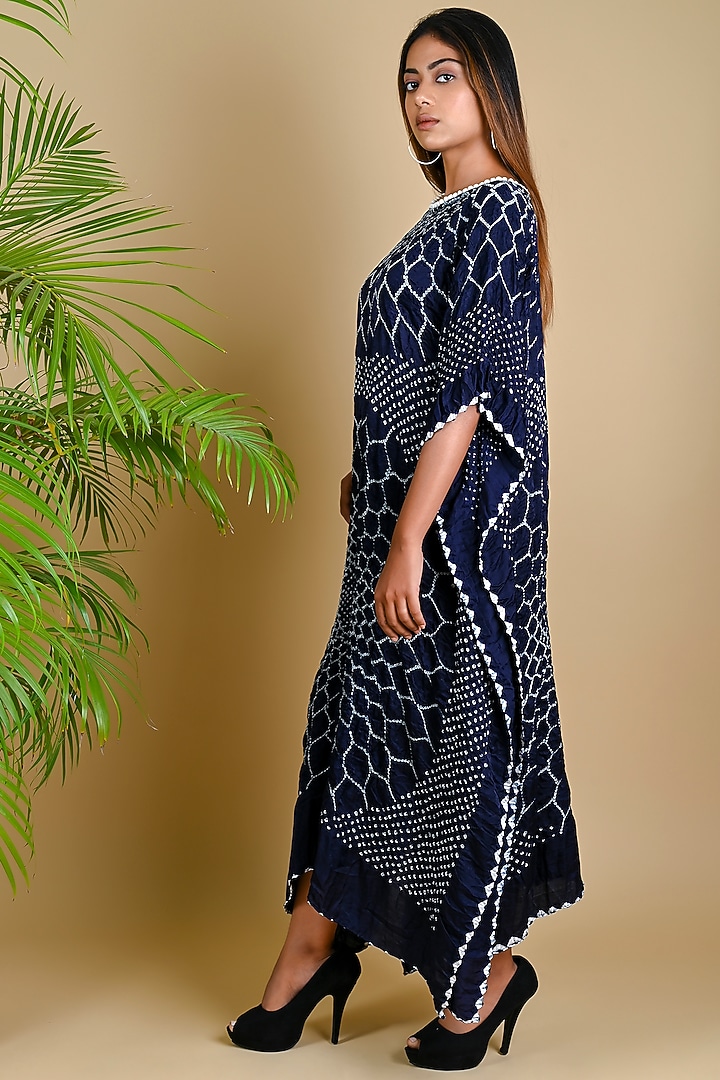 Indigo Blue Gajji Silk Bandhani Kaftan by Dyelogue at Pernia's Pop Up Shop