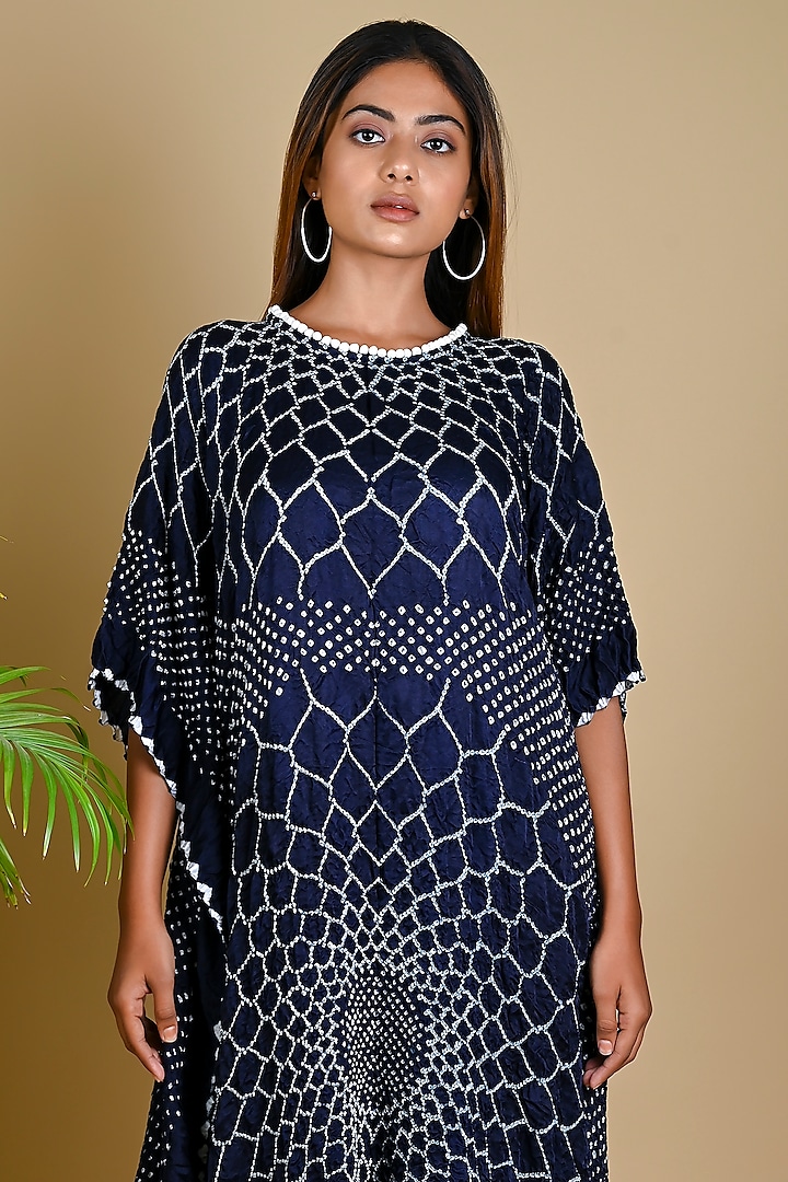 Indigo Blue Gajji Silk Bandhani Kaftan by Dyelogue at Pernia's Pop Up Shop