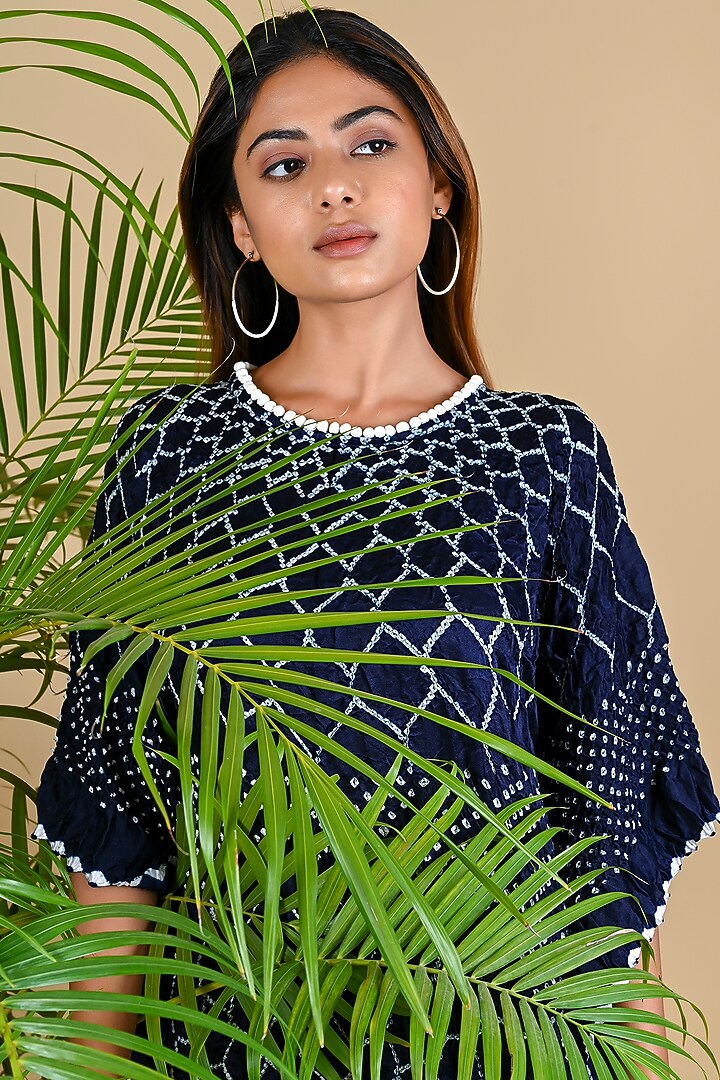 Indigo Blue Gajji Silk Bandhani Kaftan by Dyelogue at Pernia's Pop Up Shop