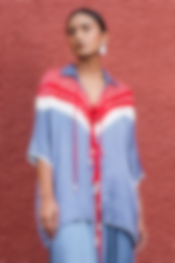 Grey & Red Gajji Silk Front Open Shirt by Dyelogue at Pernia's Pop Up Shop