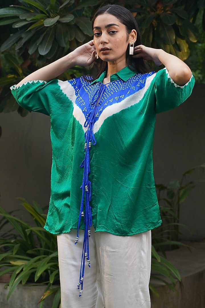 Green & Blue Gajji Silk Front Open Shirt by Dyelogue at Pernia's Pop Up Shop