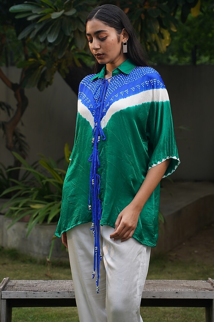 Green & Blue Gajji Silk Front Open Shirt by Dyelogue at Pernia's Pop Up Shop