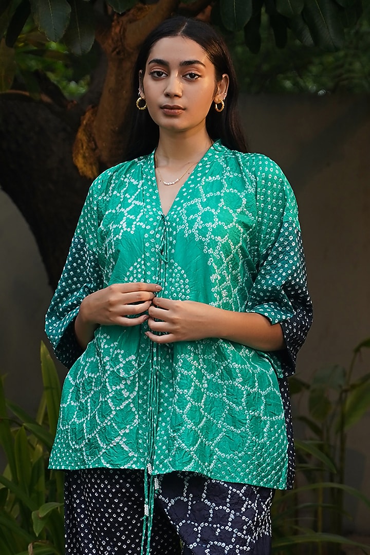 Emerald Green & Indigo Mulberry Silk Front Open Shirt by Dyelogue at Pernia's Pop Up Shop