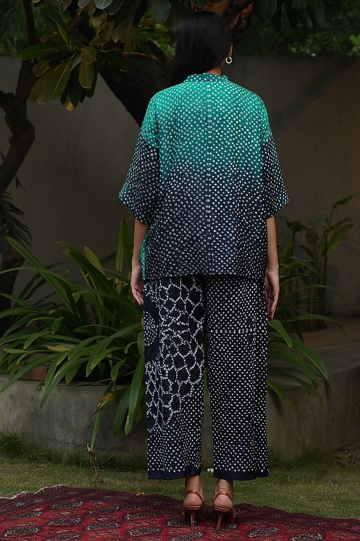 Emerald Green & Indigo Mulberry Silk Front Open Shirt by Dyelogue at Pernia's Pop Up Shop