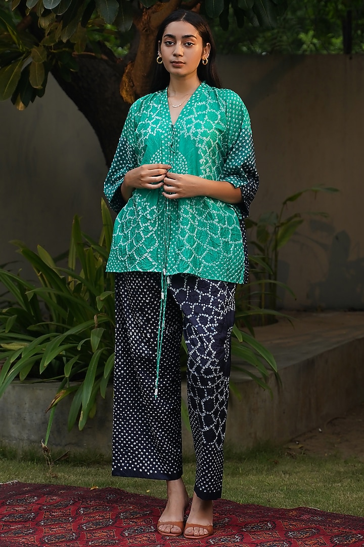 Emerald Green & Indigo Mulberry Silk Front Open Shirt by Dyelogue at Pernia's Pop Up Shop