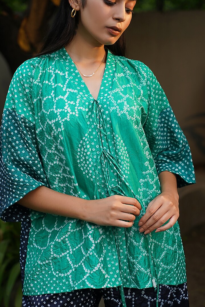 Emerald Green & Indigo Mulberry Silk Front Open Shirt by Dyelogue at Pernia's Pop Up Shop