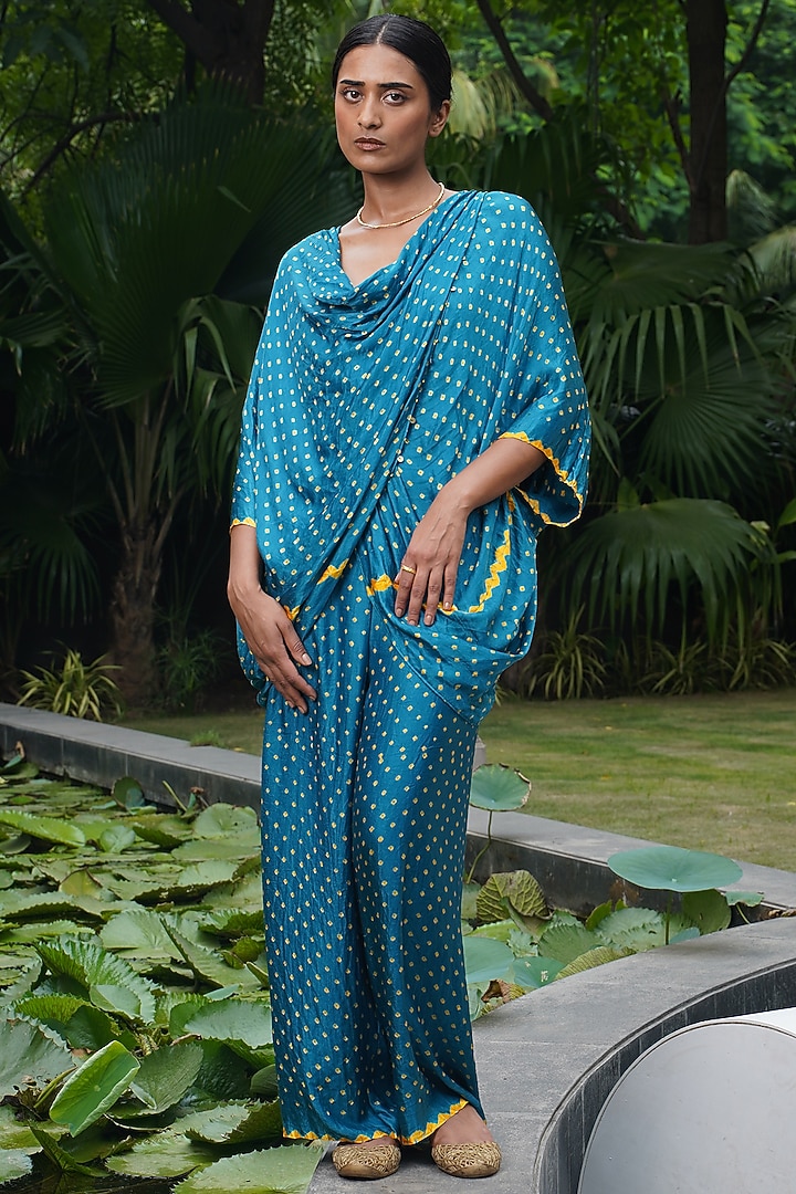 Teal Blue Gajji Silk Palazzo Pant Set by Dyelogue at Pernia's Pop Up Shop